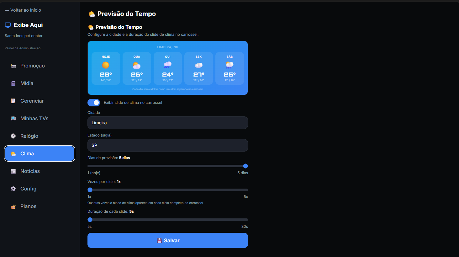 Configuração de previsão do tempo na TV